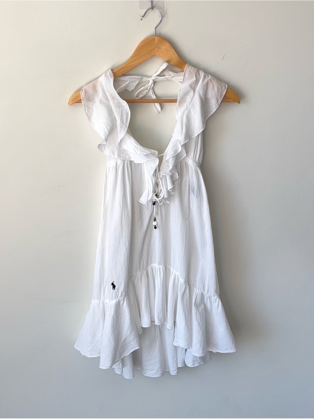 Vintage Ralph Lauren Lightweight White Cotton Gauze Halter Ruffle Dress Size S